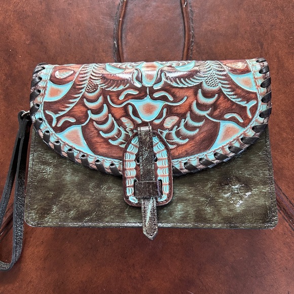 Patricia Nash Wristlet Bag TOOLED TURQUOISE Leather